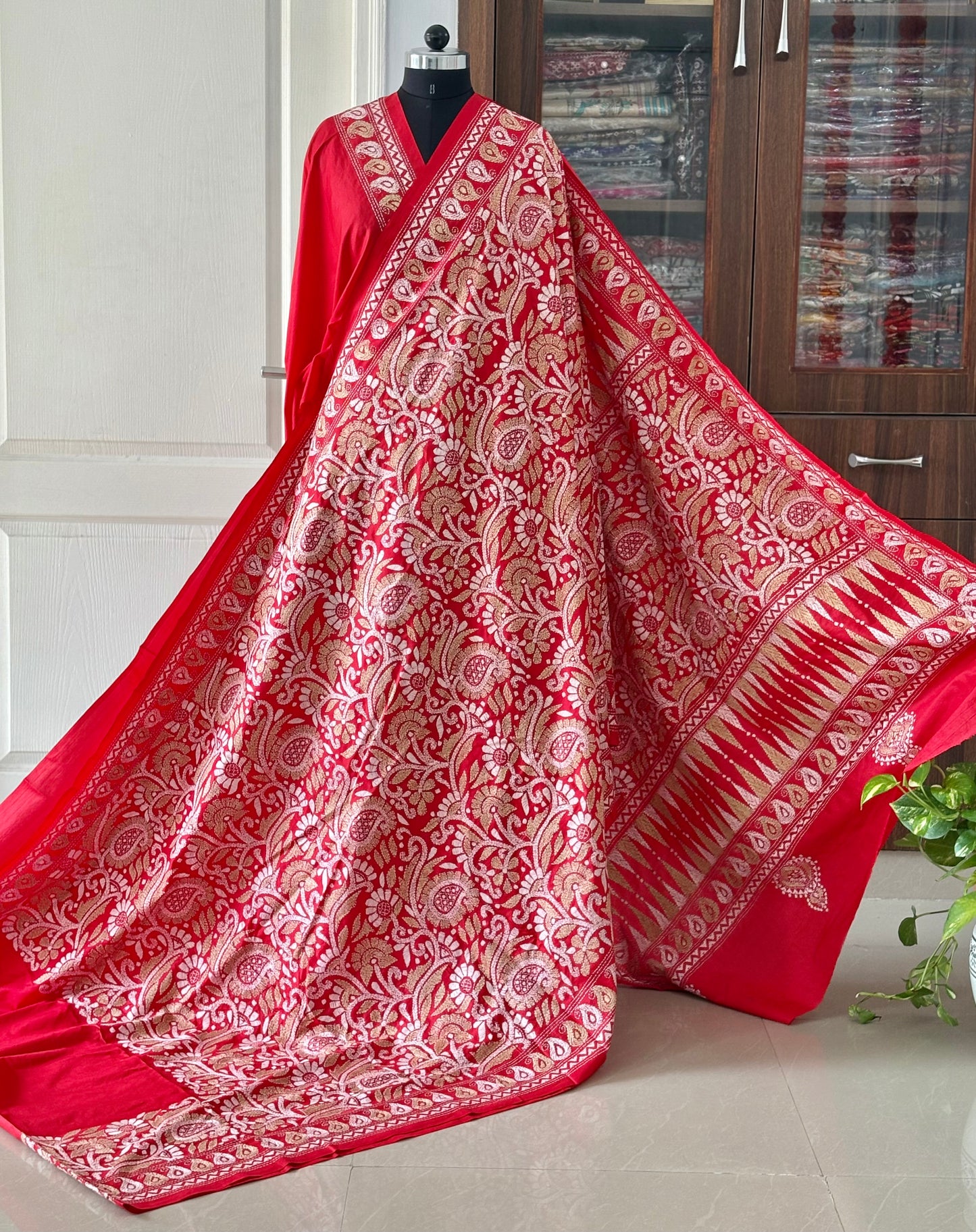 Red Kantha Stitch Saree on Pure Bangalore Silk (Silk Marked)