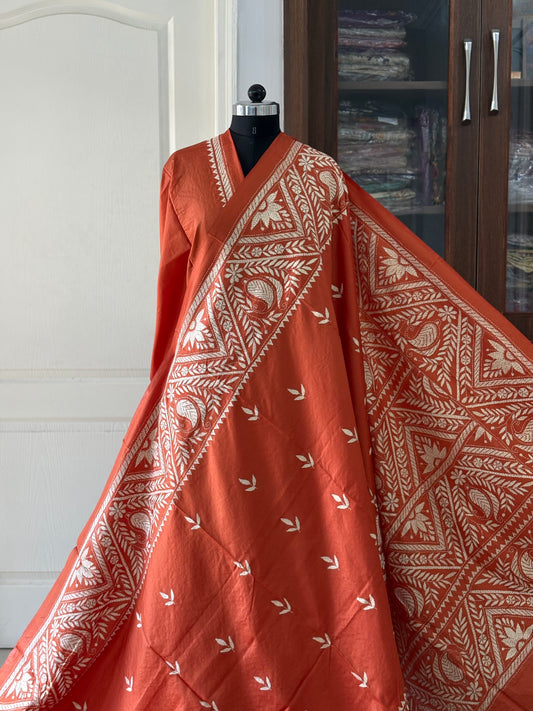 Kantha Hand Embroidered Pure Banglore Silk Saree (Silk Marked)