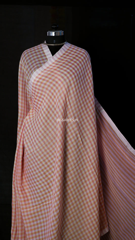 Checkered Mul Cotton Saree With Ikat Blouse | Ultra Lightweight | Pink