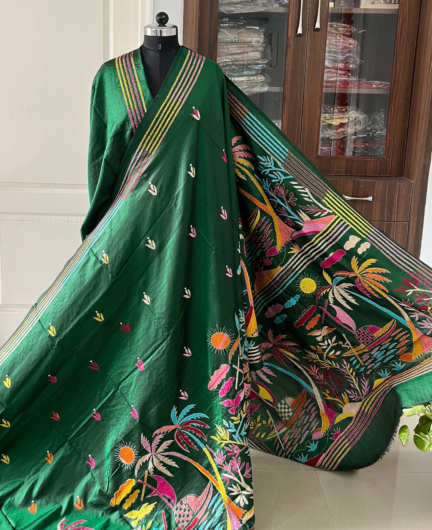 Kantha Stitch Hand Embroidered Pure Banglore Silk Saree (Silk Marked)