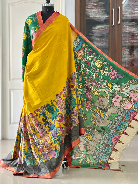 Pen Kalamkari hand painted pure cotton Saree with blouse