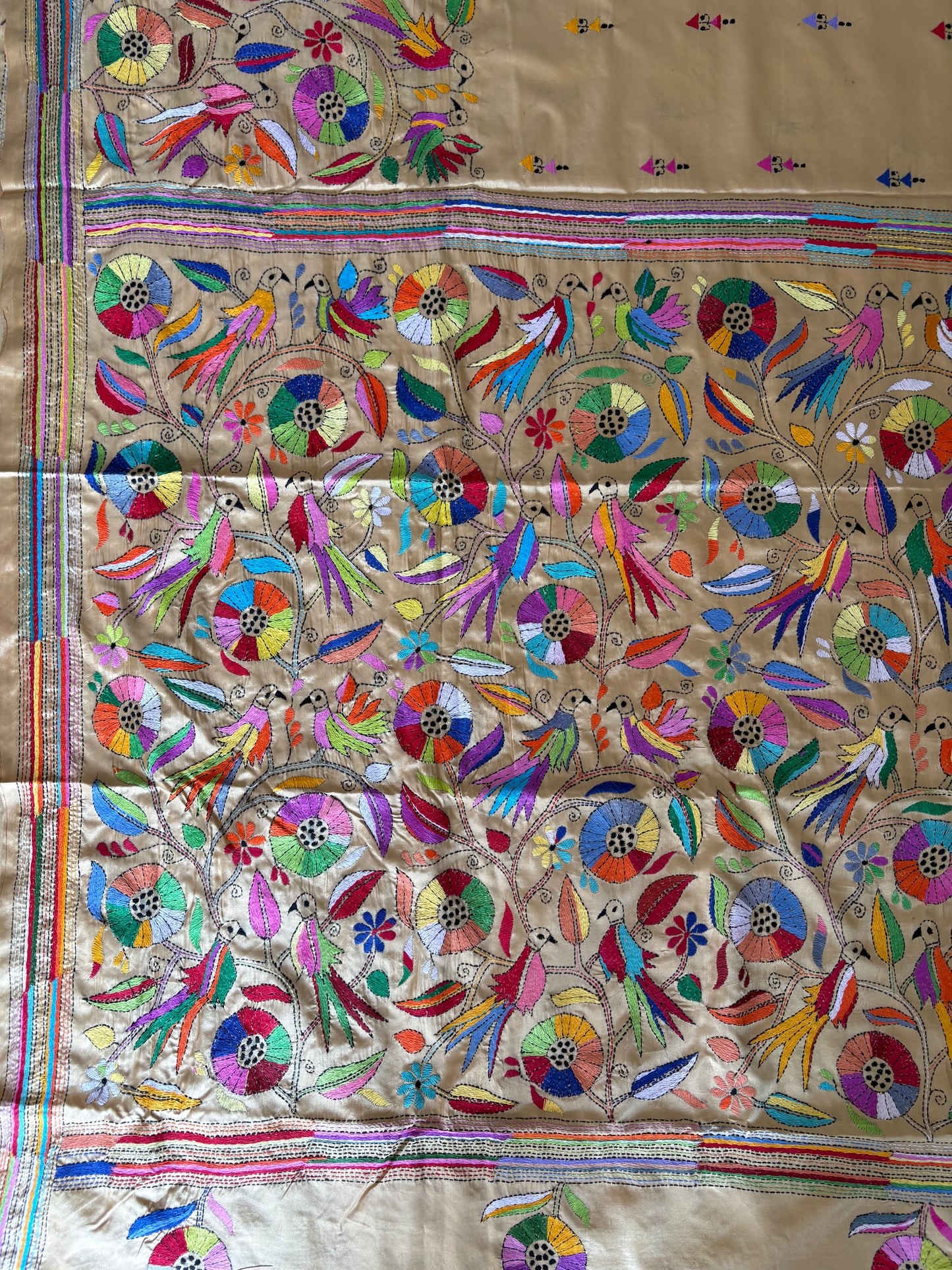 Kantha - Stitch Hand Embroidered Saree| Blended Bangalore Silk / Art Silk | Beige