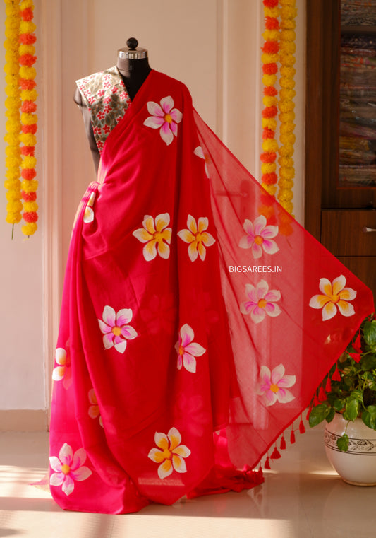 Hand Painted Mul Cotton Saree with Blouse | Red