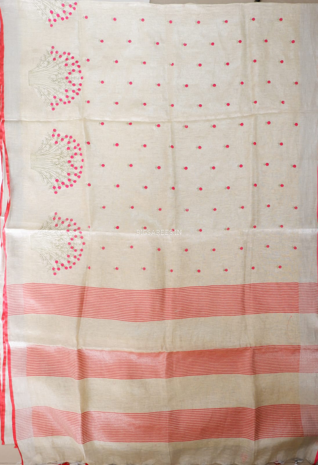 Tissue Linen Blend machine embroidered Saree | Pearl Cream