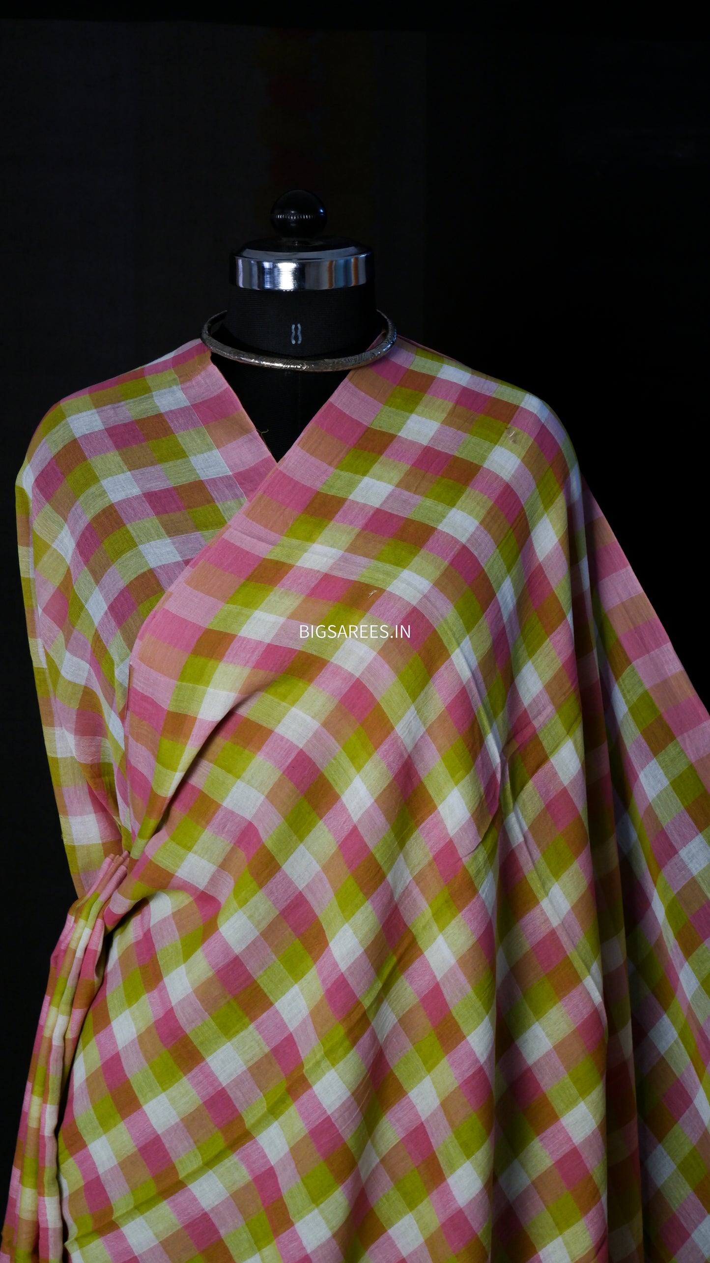 Checkered Mul Cotton Saree With Ikat Blouse | Ultra Lightweight |