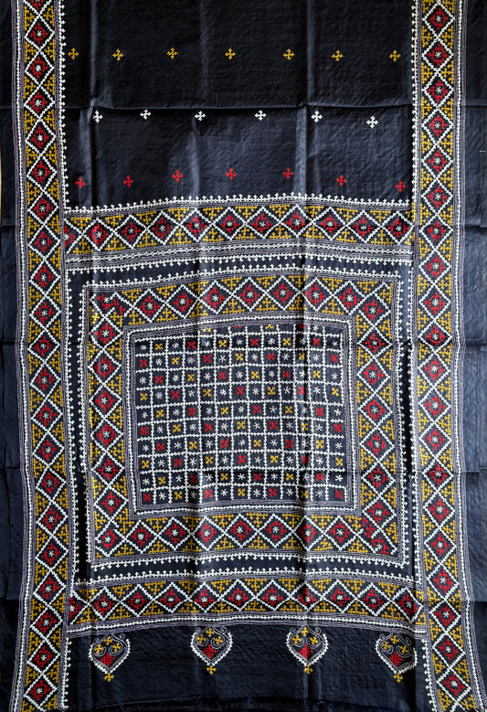 Gujrati/Kutchi Work Hand Embroidered Pure Banglore Silk Saree