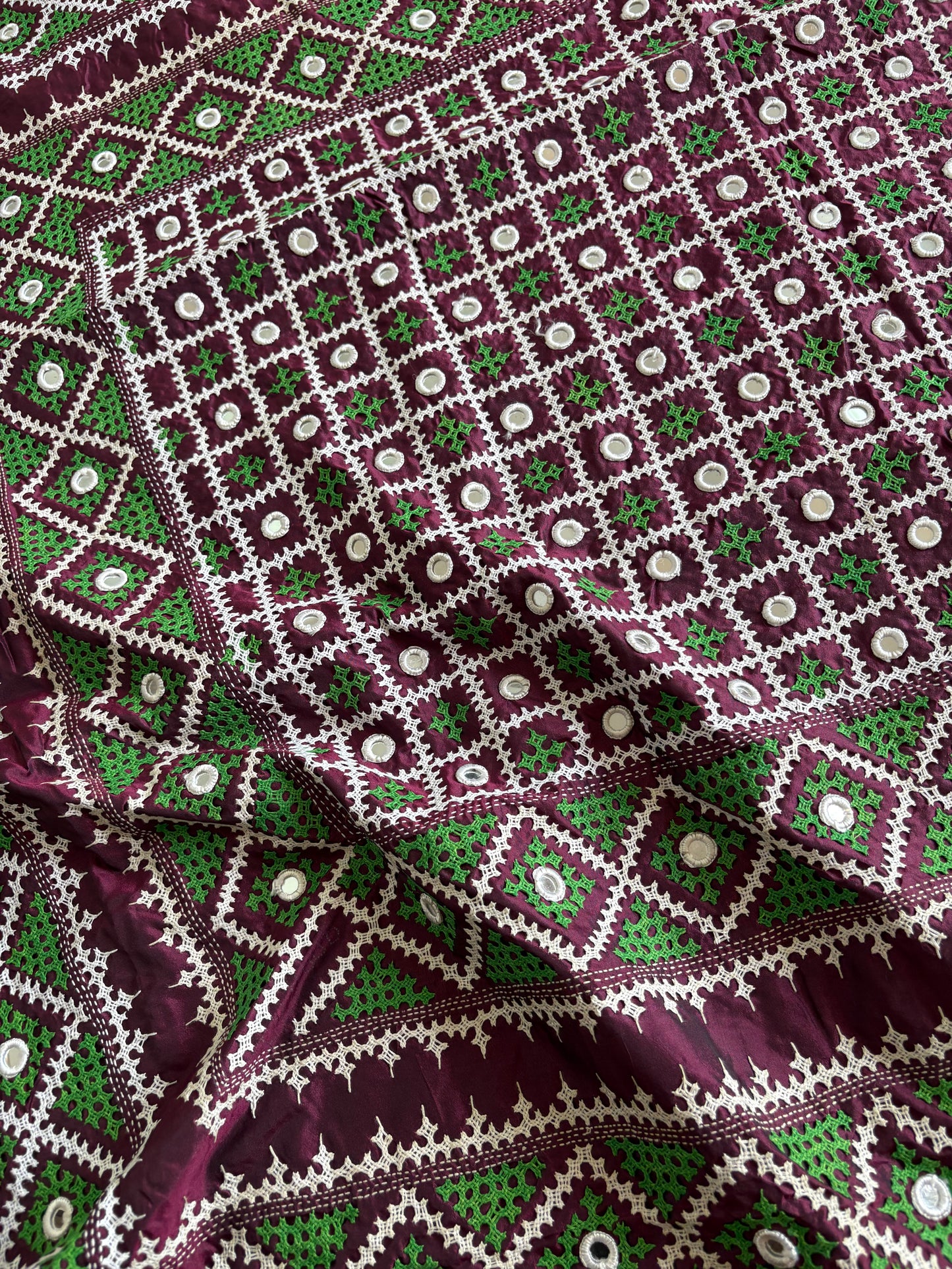 Real mirror work Gujrati Stitch/Kutch Hand Embroidered Art Silk Saree