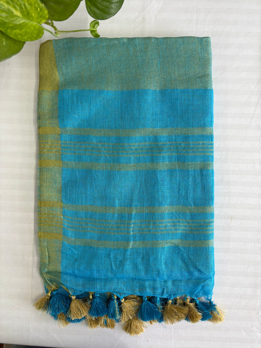 Blue pure Linen By Linen Saree With running Blouse