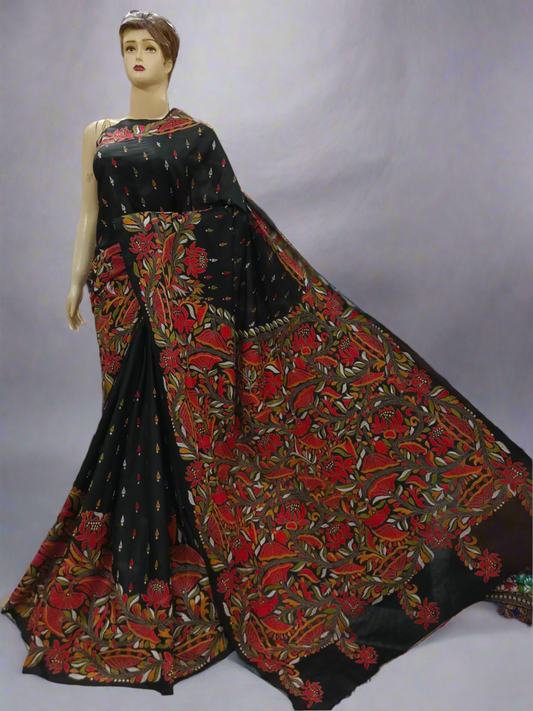 Black Kantha Stitch Hand Embroidered Pure Banglore Silk Saree (Silk Marked)