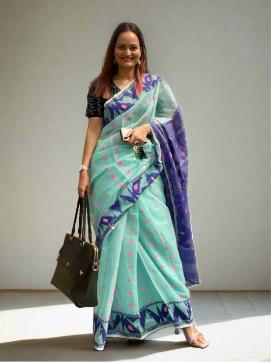 Firozi & Purple Soft Dhakai/Jamdani Saree