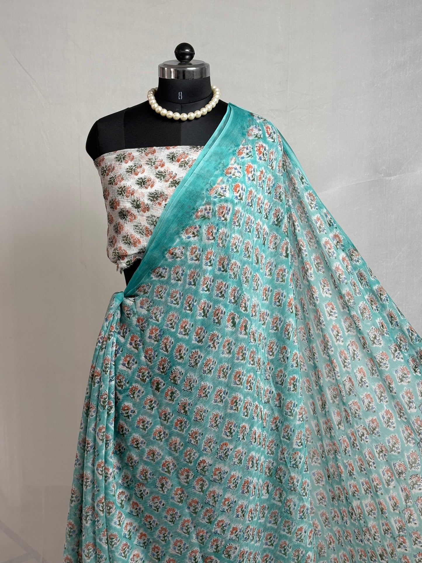 Hand Block Print Saree | Pure Chiffon | Sea Green