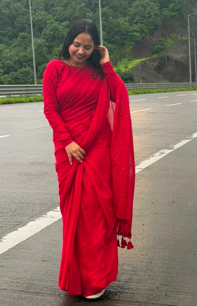 Jonaki Mul Cotton Saree With Ikat Blouse | Ultra Lightweight | Red