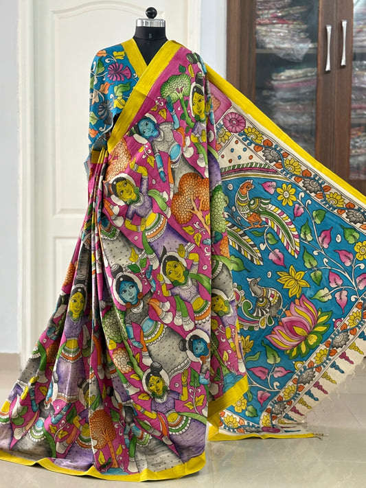 Pen Kalamkari hand painted pure cotton Saree with blouse