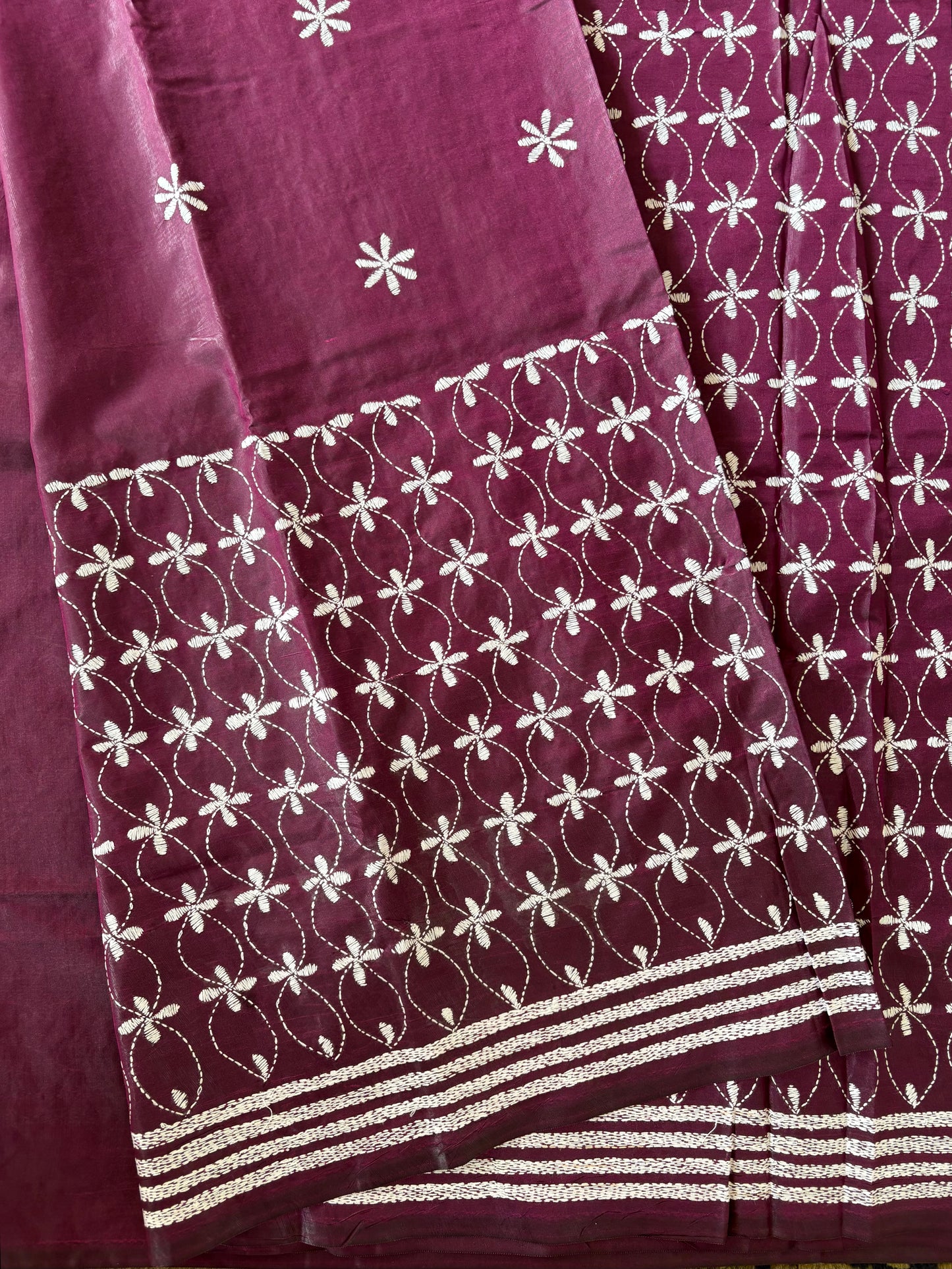 Kantha Stitch Hand Embroidered Art Silk Saree With Blouse