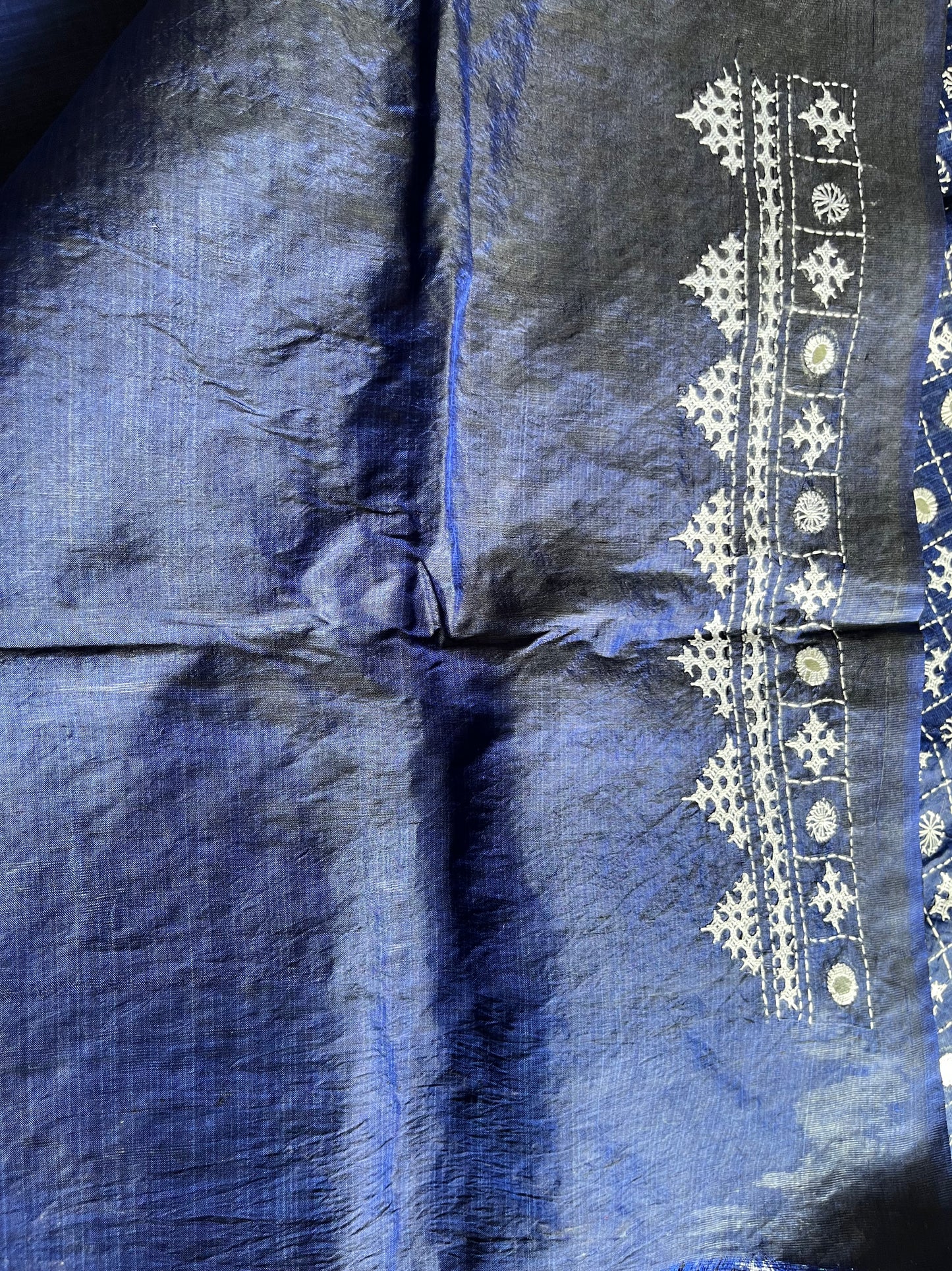 Navy Blue Kutch Hand Embroidered Pure Banglore Silk Saree