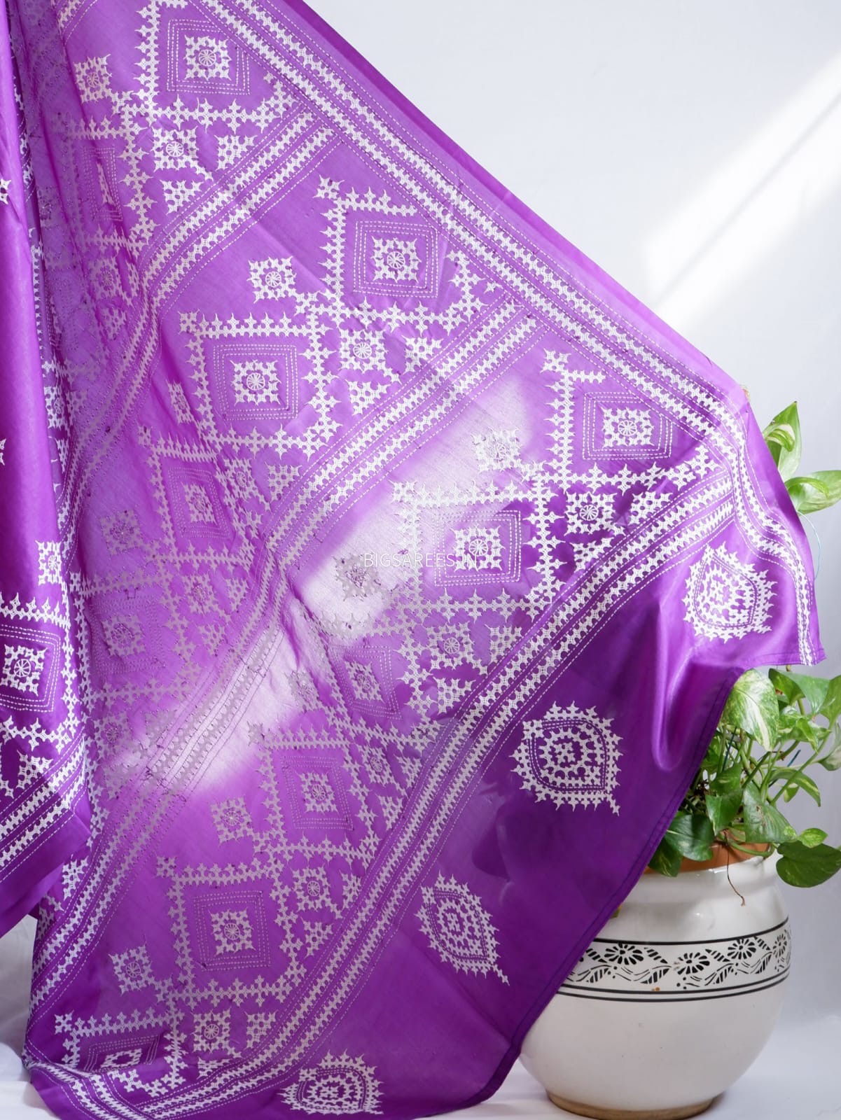 Kutchi/Gujarati Hand Embroidered Saree  | Blended Bangalore Silk / Art Silk | Plum Red