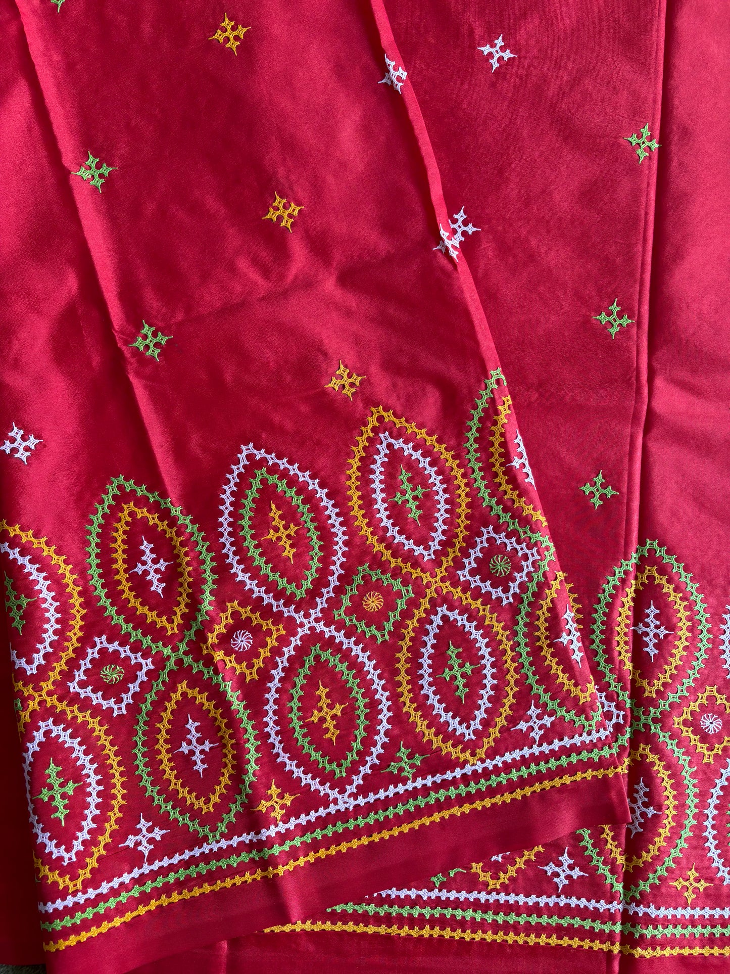 Gujrati Stitch/Kutch Hand Embroidered Art Silk Saree