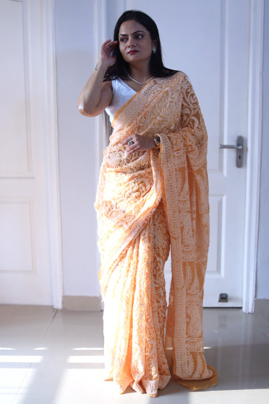 Orange - White Georgette Chikankari Work Hand Embroidered Saree