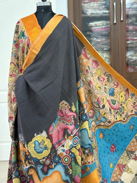 Pen Kalamkari hand painted pure cotton Saree with blouse