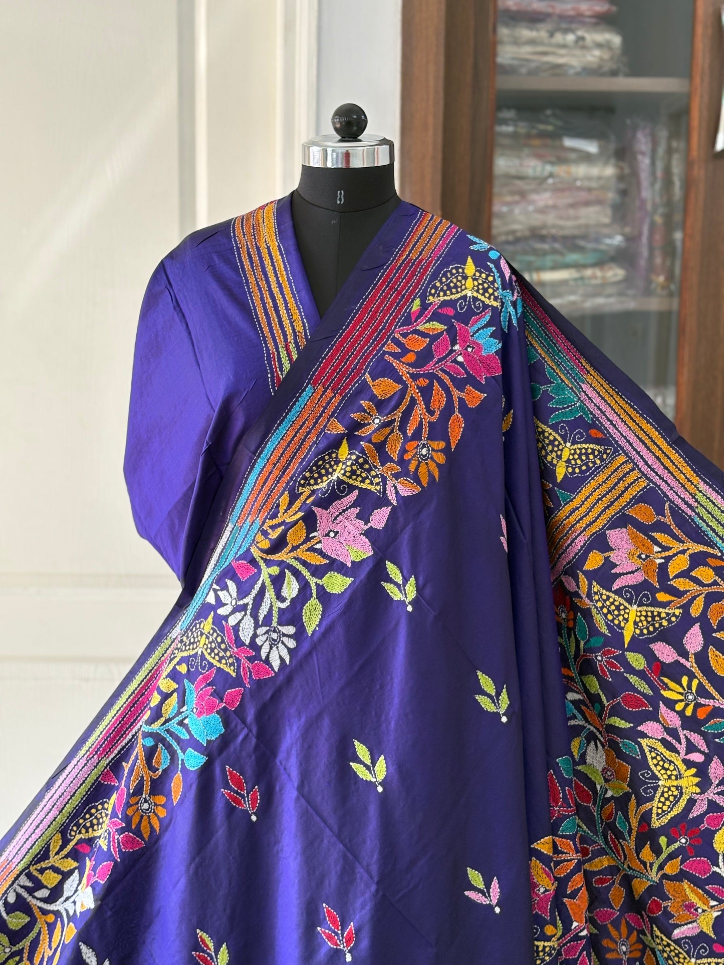Kantha Hand Embroidered Pure Banglore Silk Saree (Silk Marked)
