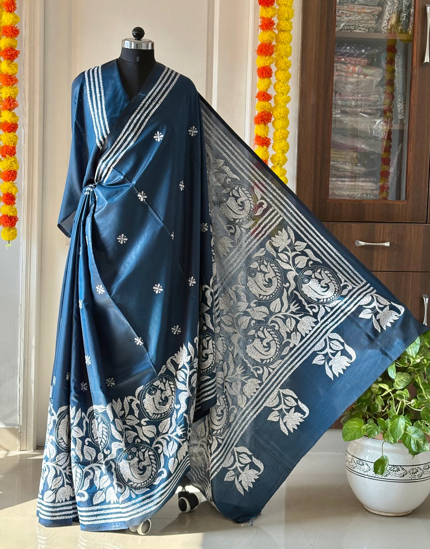 Kantha Hand Embroidered Blended Banglore Silk/Art Silk Saree With Blouse