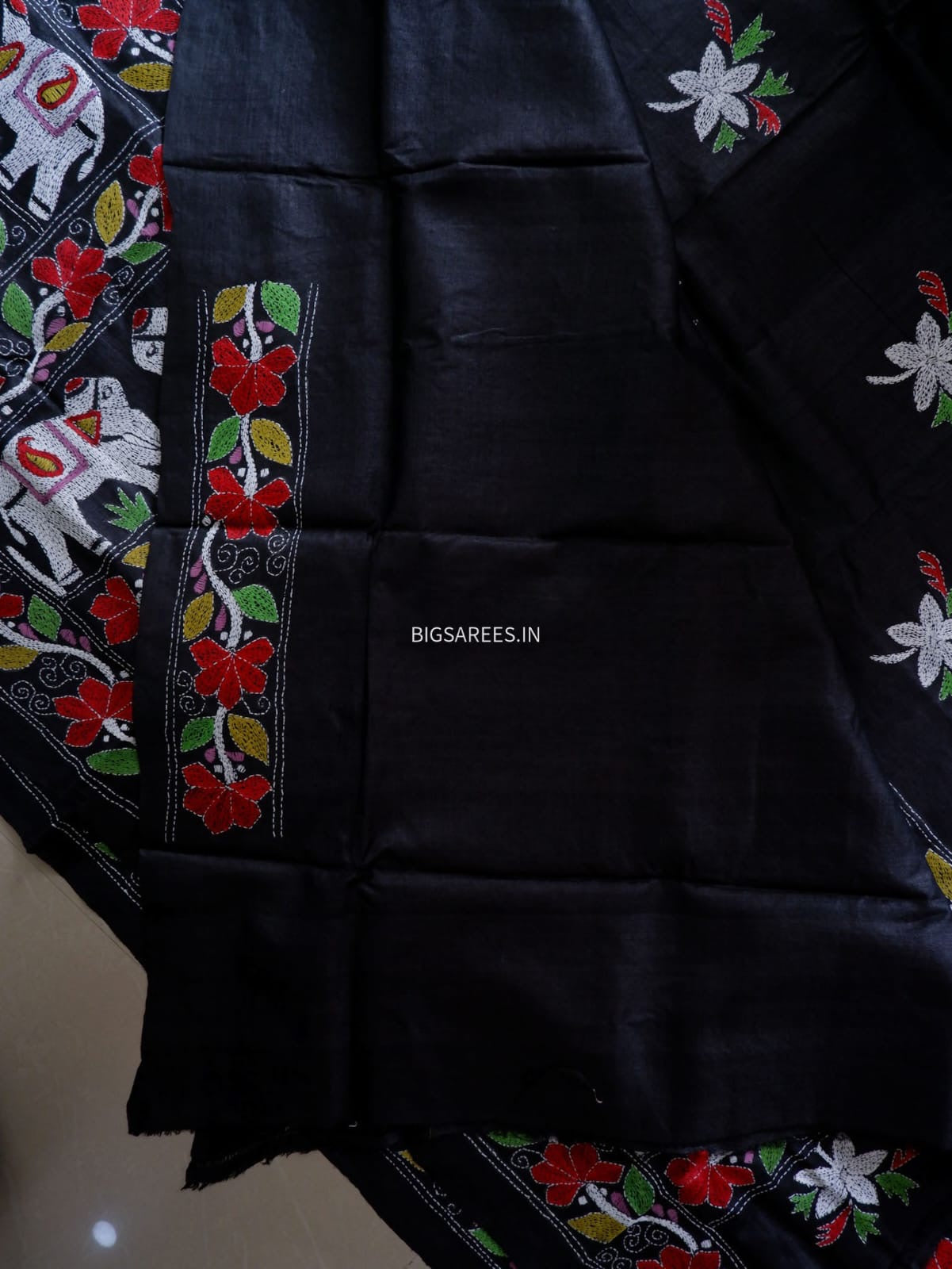 Kantha Stitch Hand Embroidered Saree | Pure Tussar Silk | Silk Mark Certified | Black