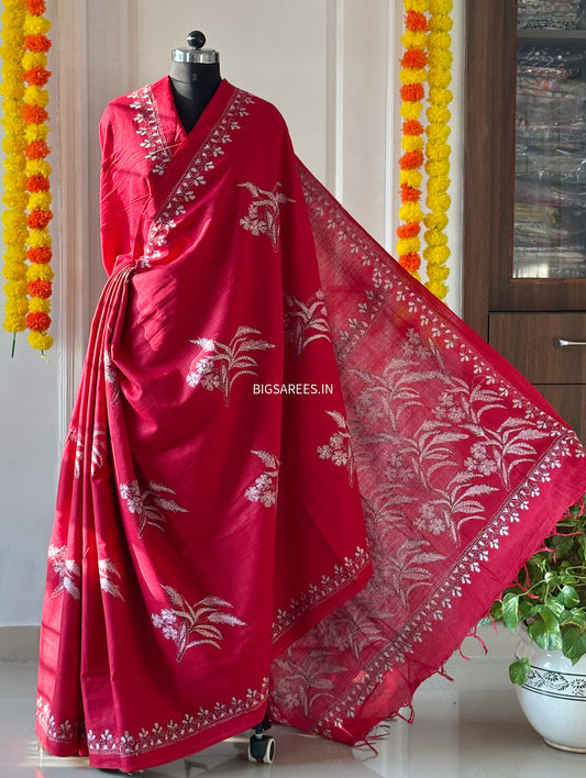 Kantha Khadi Cotton Saree - Red