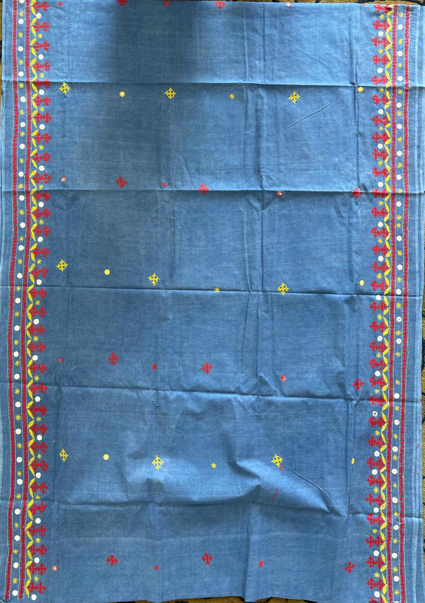 Gujrati Stitch/Kutchi Hand Embroidered malmal Cotton Saree - Blue