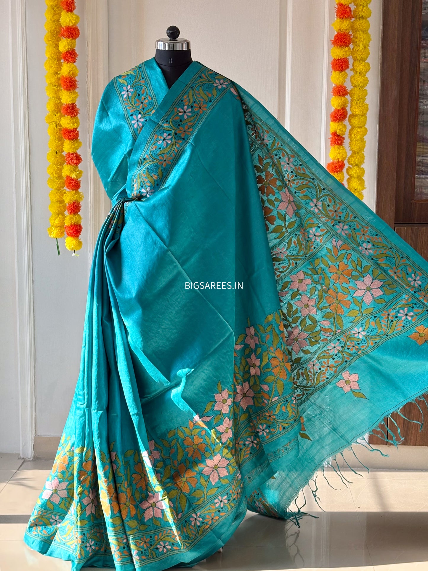 Kantha Hand Embroidered Saree With Blouse | Pure Gachi by Gachi Tussar Silk | Silk Mark Certified | Blue