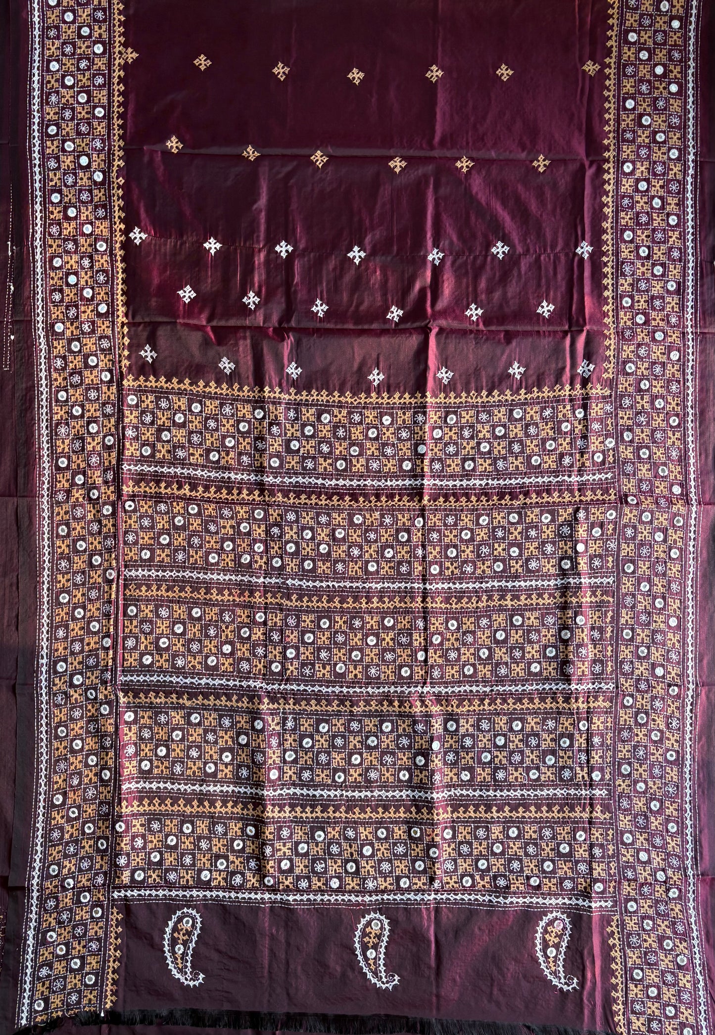 Gujrati Stitch/Kutch Hand Embroidered Art Silk Saree