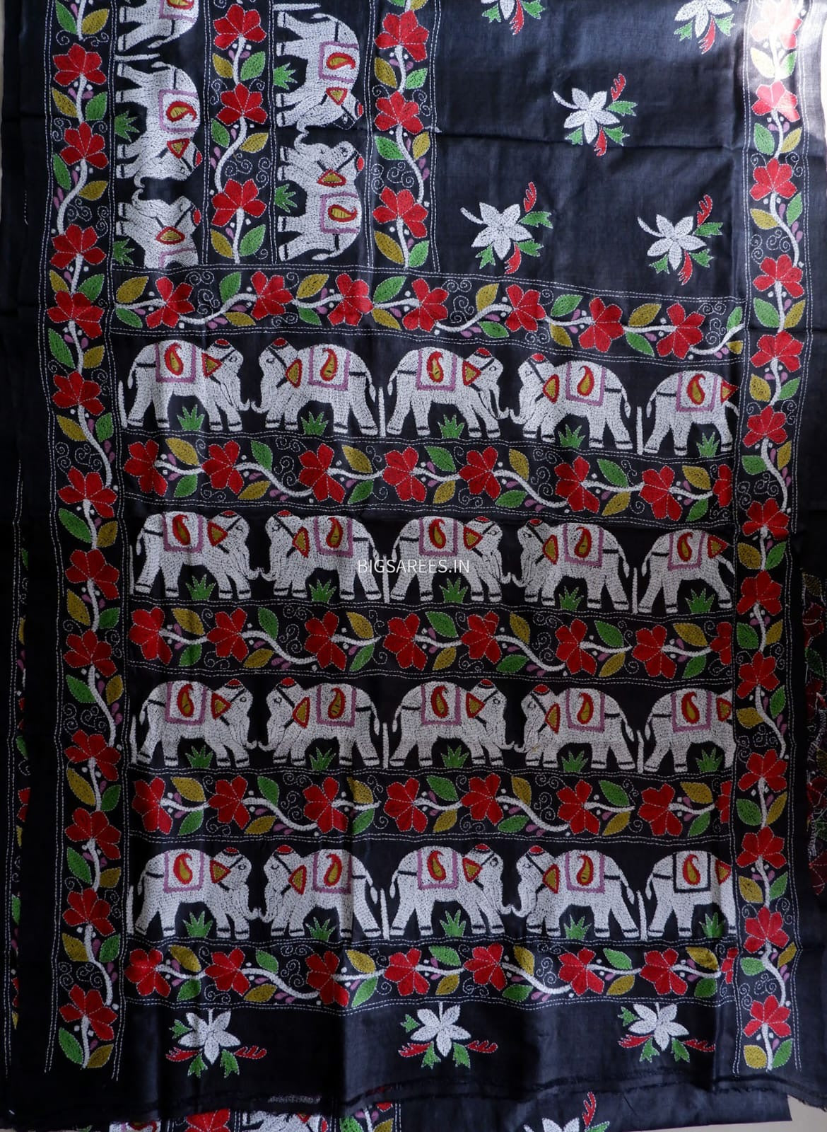 Kantha Stitch Hand Embroidered Saree | Pure Tussar Silk | Silk Mark Certified | Black
