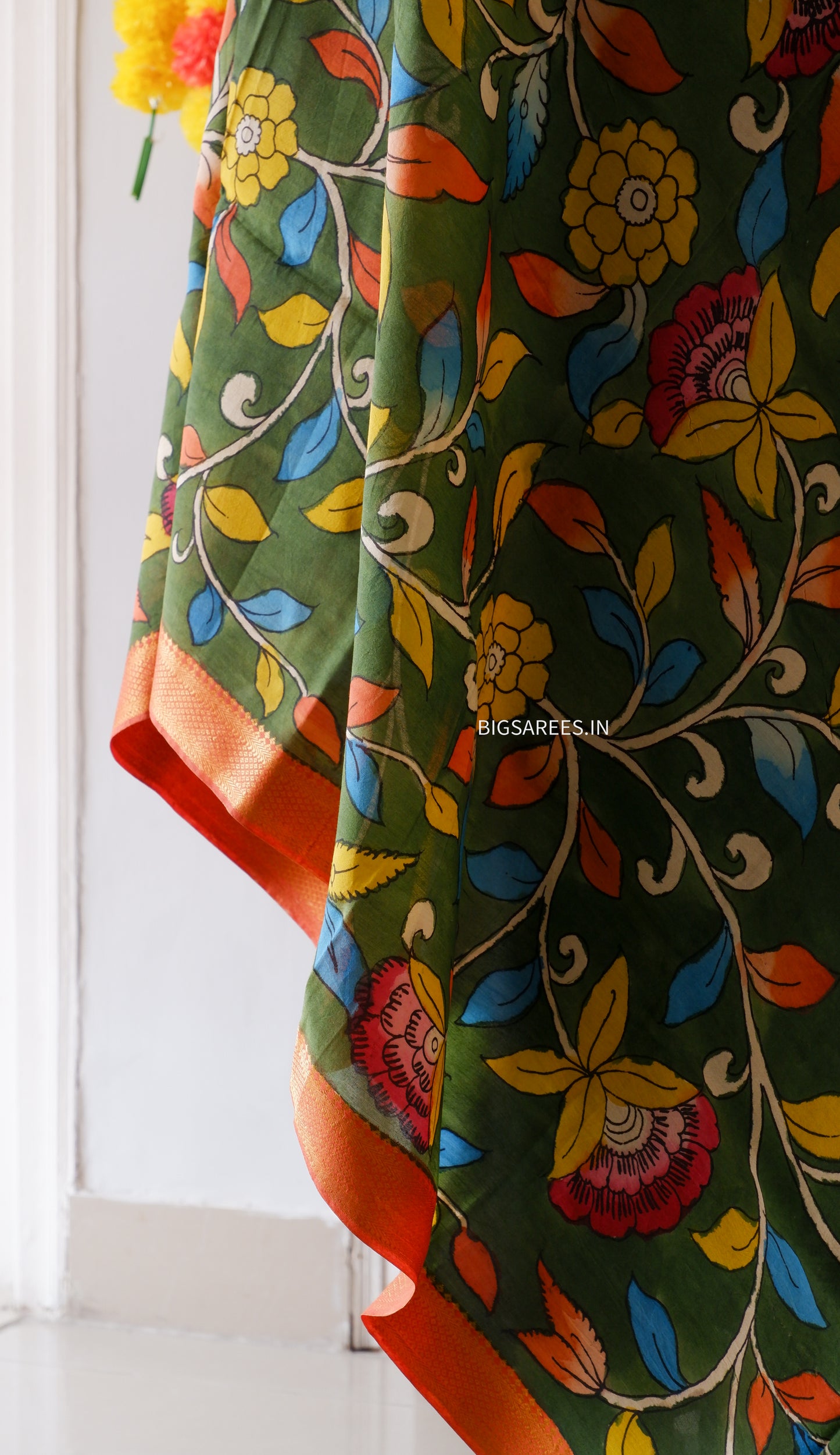 Pen Kalamkari Hand Painted Bangalore Silk Dupatta | Dark Green | 36"