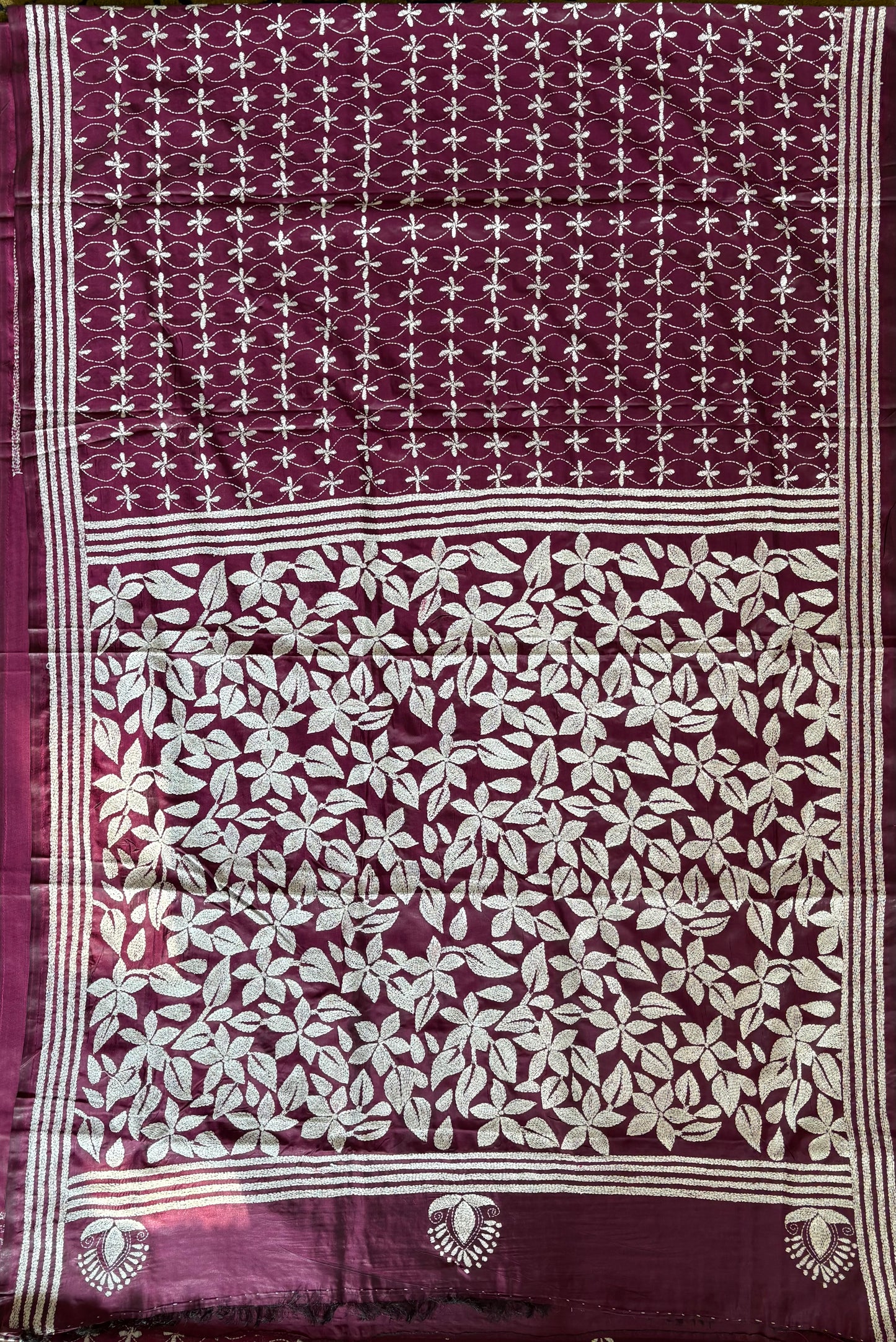 Kantha Stitch Hand Embroidered Art Silk Saree With Blouse