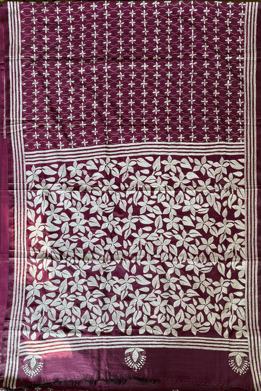 Kantha Stitch Hand Embroidered Art Silk Saree With Blouse