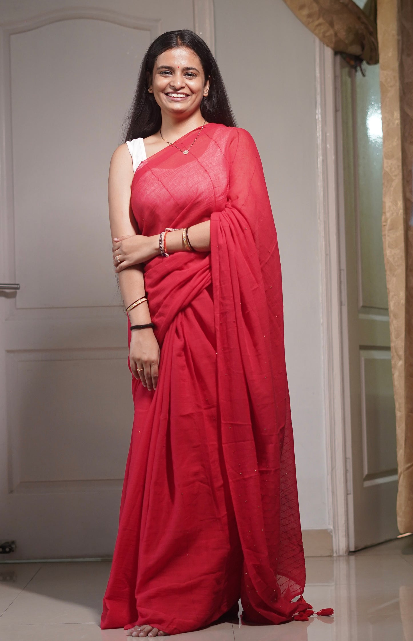 Jonaki Design Mul Cotton Saree-Red