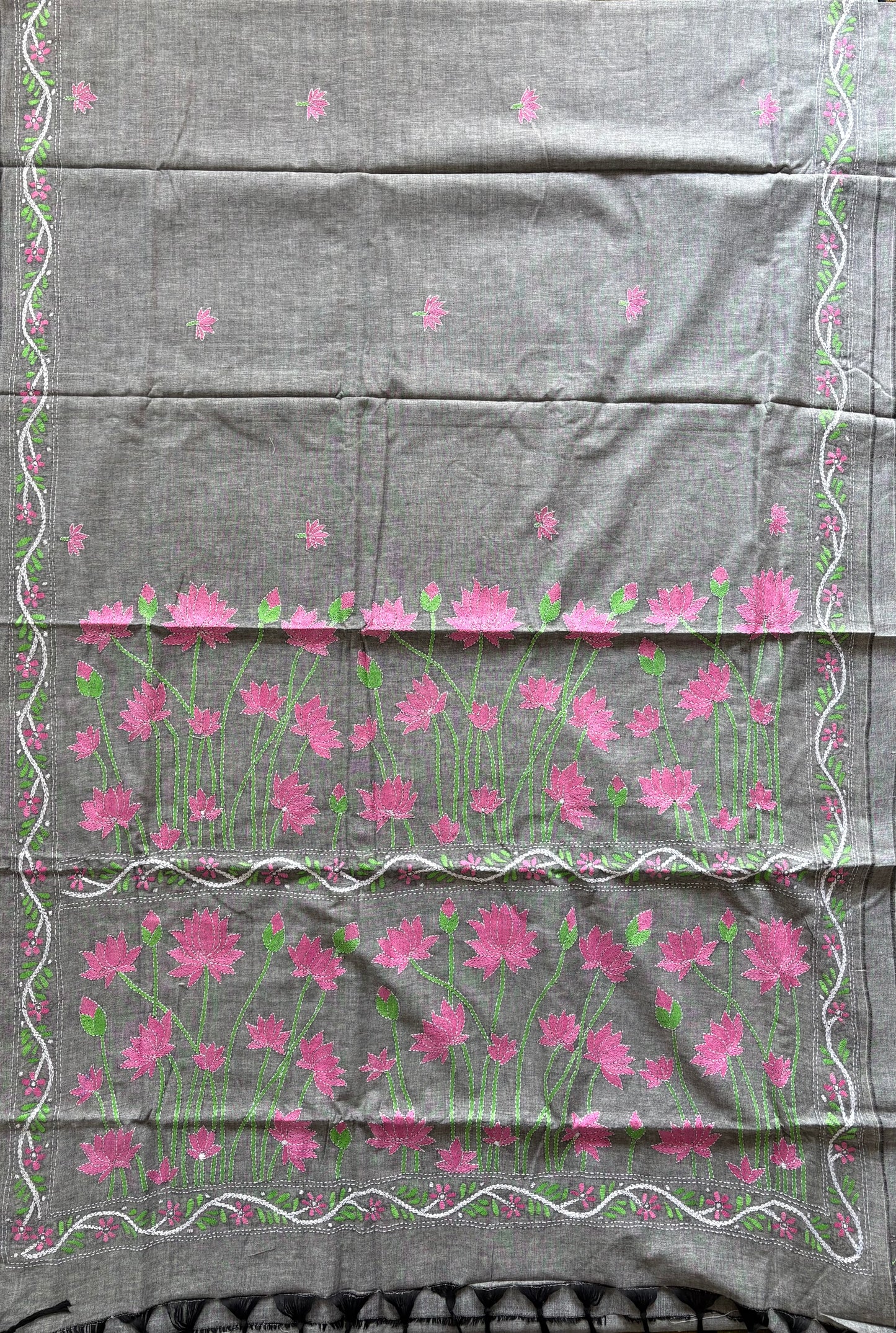 Kantha stitch Khadi Cotton Saree - Grey