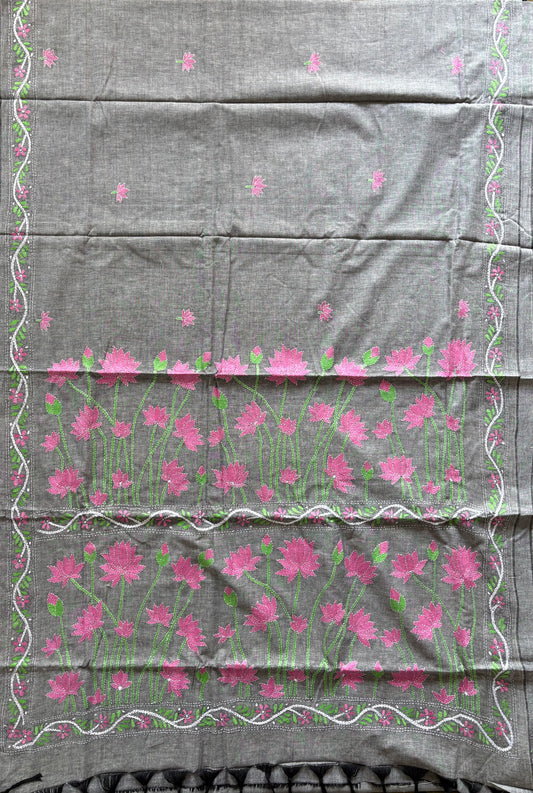 Kantha stitch Khadi Cotton Saree - Grey
