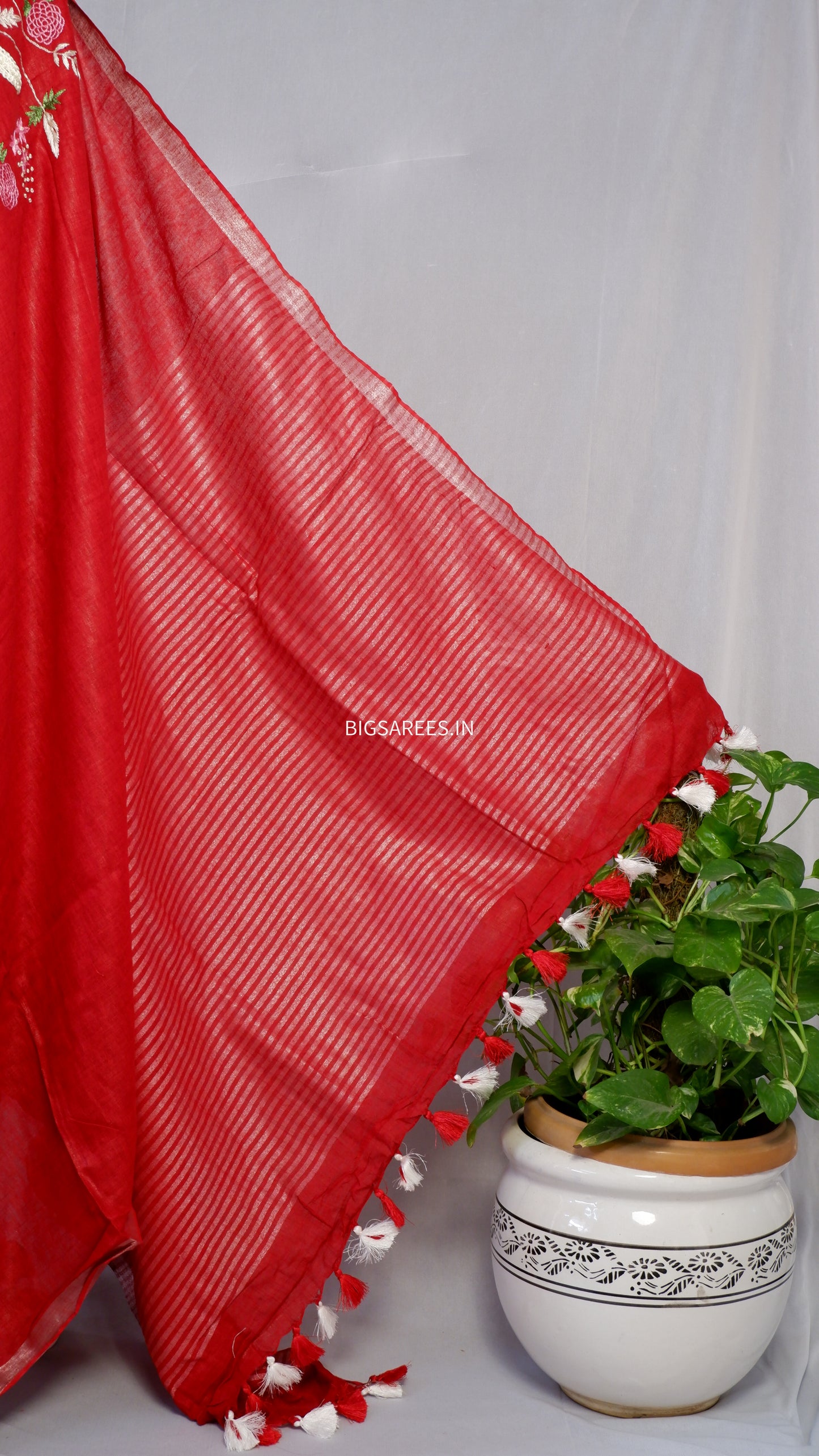 Pure Linen Saree With running Blouse - Dark Red