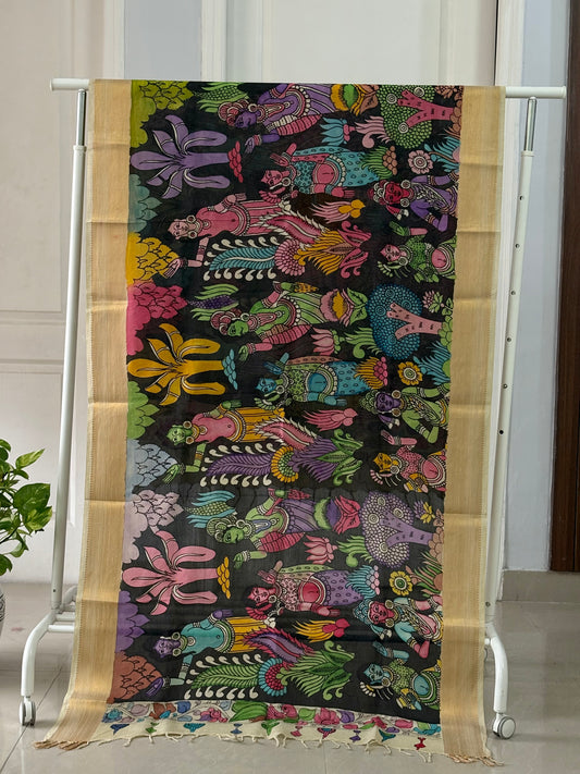 Pen Kalamkari hand painted Banglore Silk Dupatta