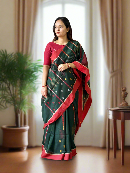 Pure Cotton handwoven Saree (Handloom Marked)- Dark Green