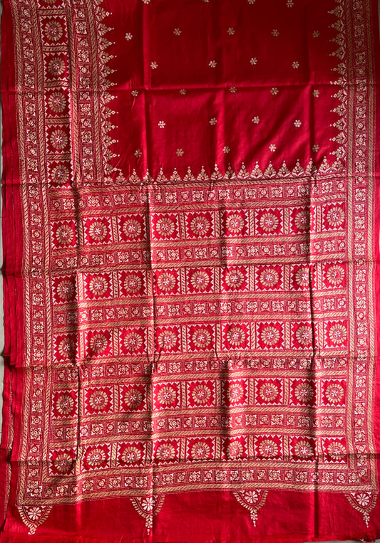 Red Kantha Hand Embroidered Pure Banglore Silk Saree