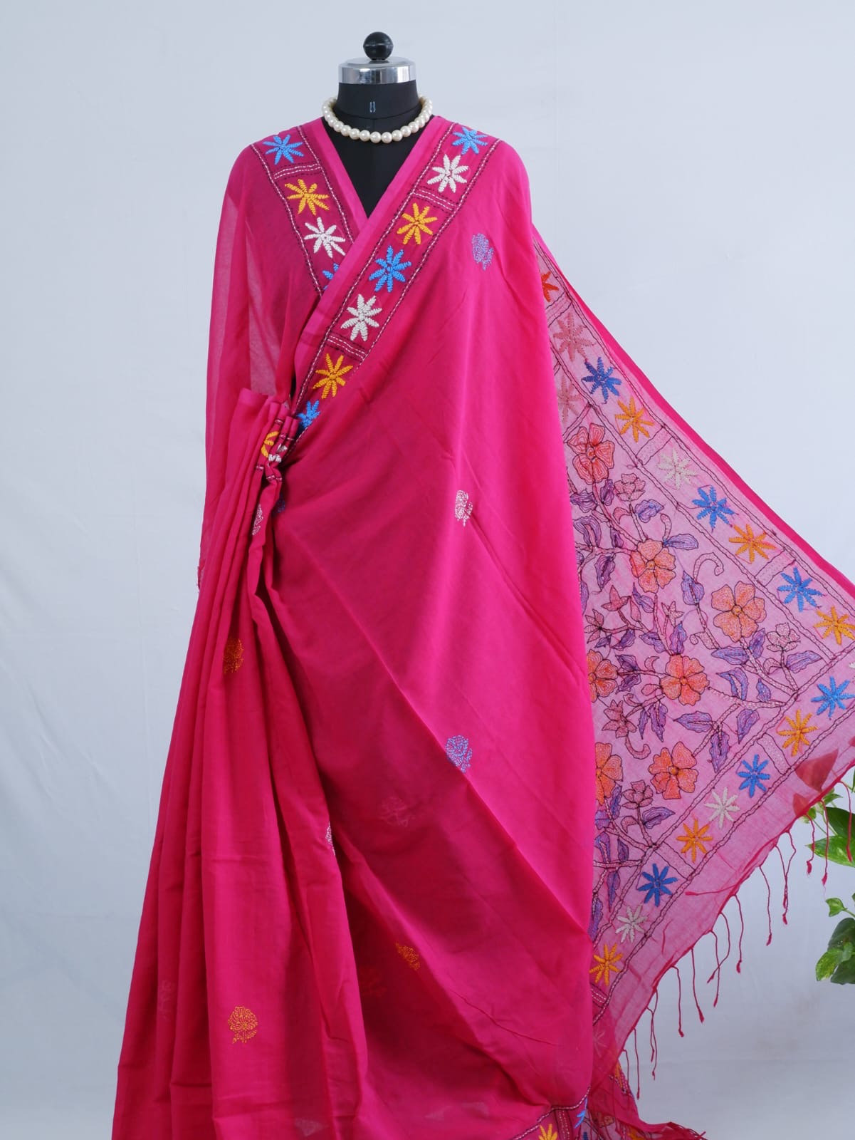 Kantha stitch Hand Embroidered Pure mul Cotton Saree
