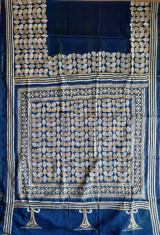 Kantha Stitch Hand Work Embroidered Art Silk Saree With Blouse