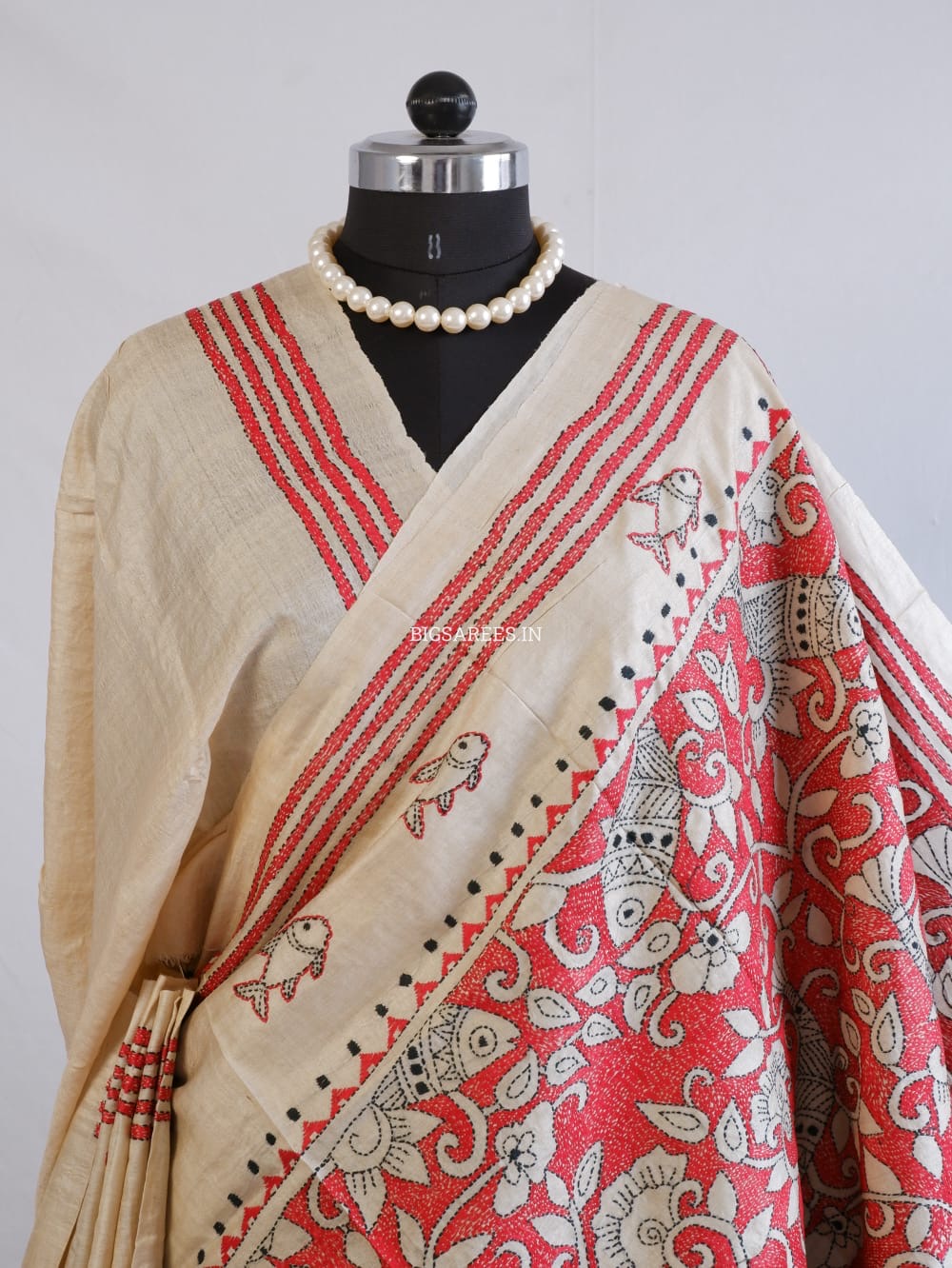 Kantha Stitch Hand Embroidered Saree | Pure Gachi Tussar Silk | Silk Mark Certified | Beige