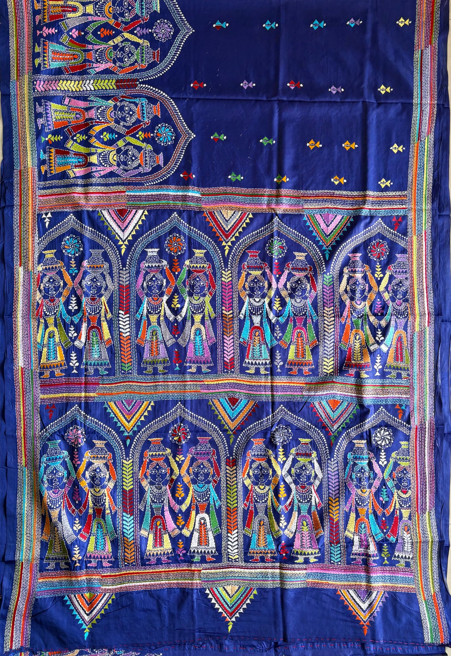 Royal Blue Kantha stitch Hand Work Art Silk Saree With Blouse