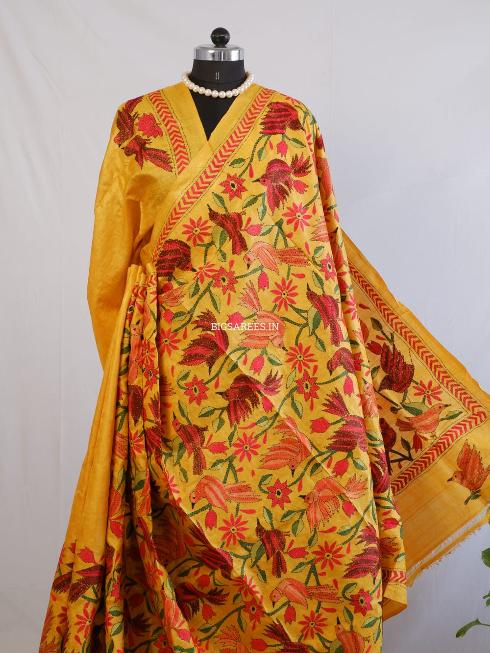 Kantha Stitch Hand Embroidered Saree | Pure Tussar Silk | Silk Mark Certified | Orange