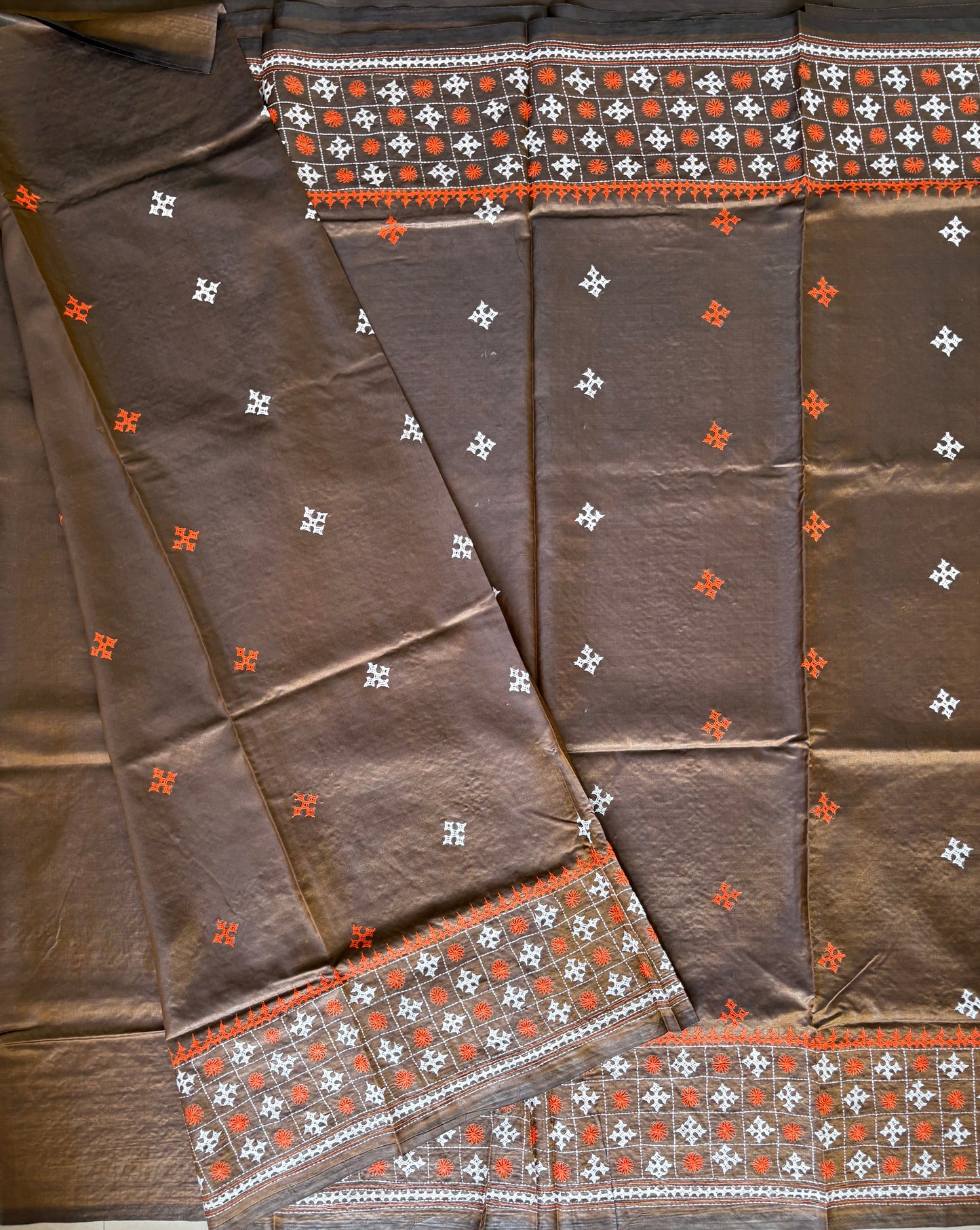 Gujrati Stitch/Kutch Hand Embroidered Art Silk Saree