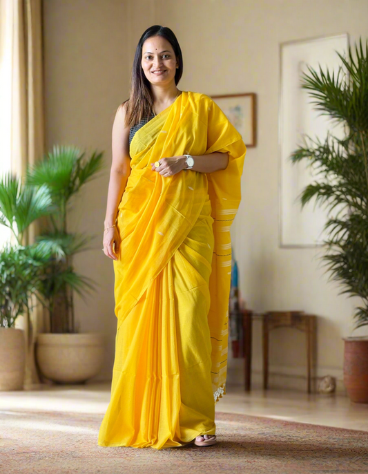 120 Count Mul Cotton Jamdani Butta Saree - Yellow