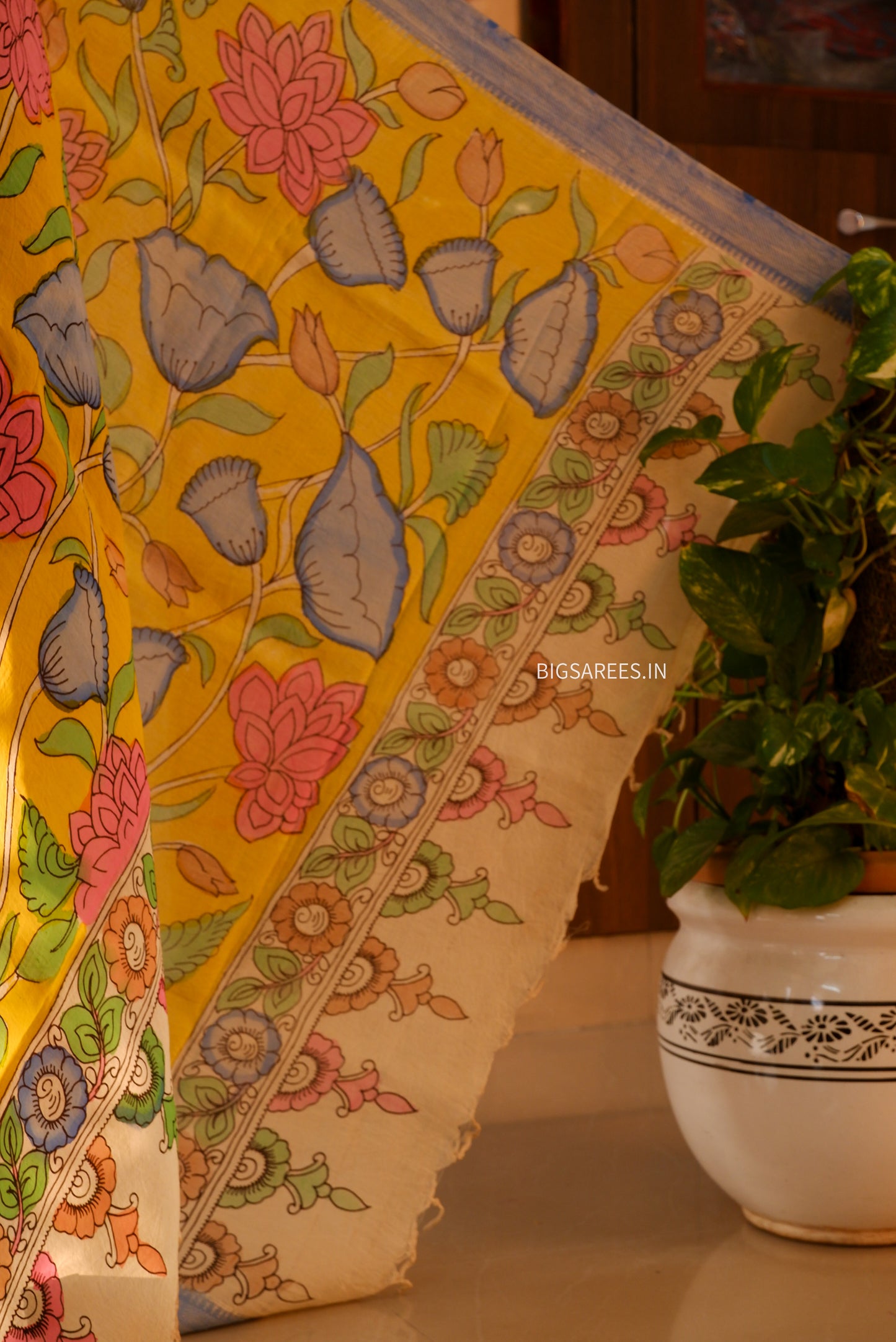 Pen Kalamkari Hand Painted Bangalore Silk Dupatta/Yellow/36"