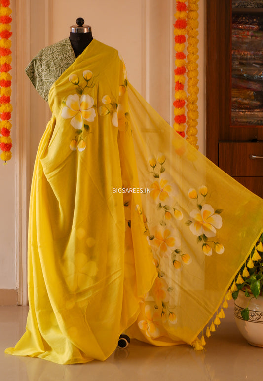 Hand Painted Mul Cotton Saree with Blouse | Yellow